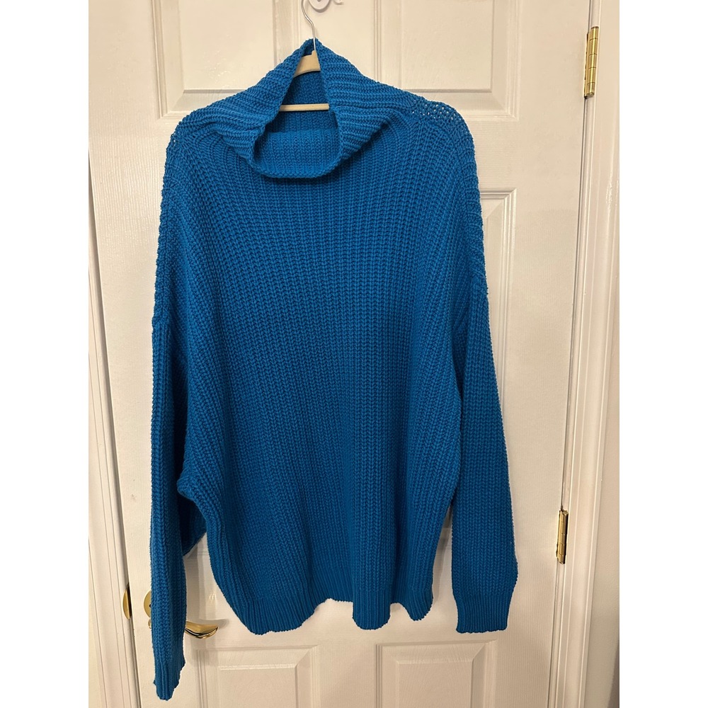 Free People Swim Too Deep Oversized Chunky Knit Turtleneck Sweater Blue Medium